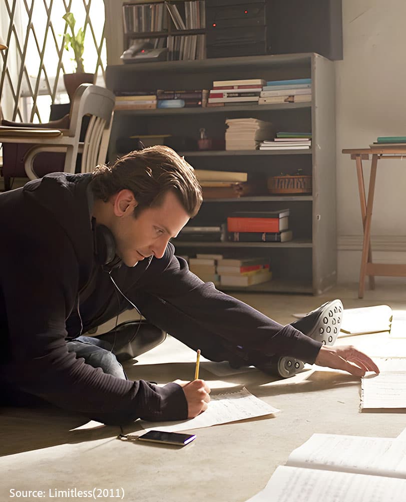 A person reading books. Scene from movie 'Limitless'